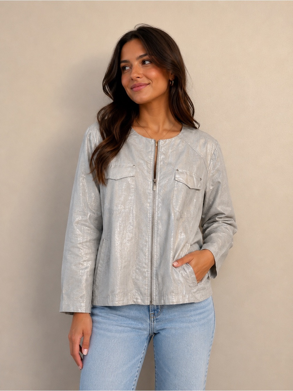 ✨Chico’s Silver Shimmer Utility Jacket✨